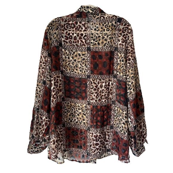 1685 90s Vintage Animal Print Sheer Chiffon Button Up Oversized Blouse - Picture 2 of 6